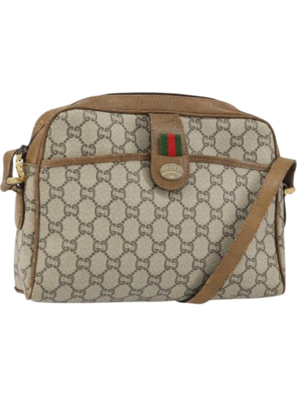 GUCCI GG Plus Supreme Web Sherry Line Shoulder Bag PVC Beige Gold